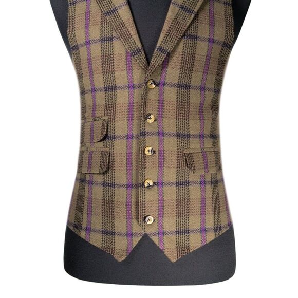 Mens 42R Wool Vest Brown Purple Plaid Waistcoat Formal Wedding Preppy Casual - Picture 5 of 10